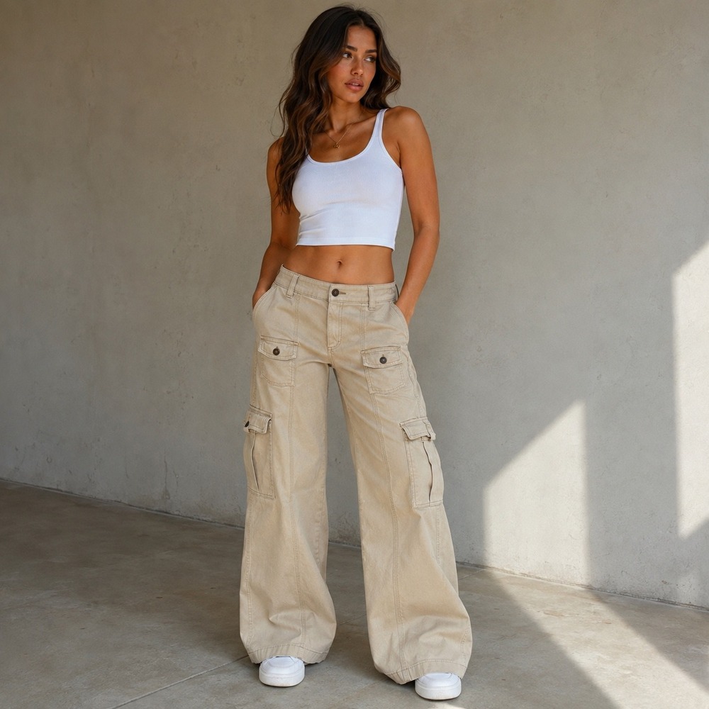 Hollister Pants Women W25R 0R Tan Low-Rise Baggy Cargo Wide Leg Stretch Y2K